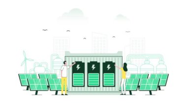 Güneş panelleri ile yenilenebilir yeşil enerji. Elektrik santralinin çevre dostu elektrik kaynakları. Minimalist renk ile hareketli grafik canlandırma.