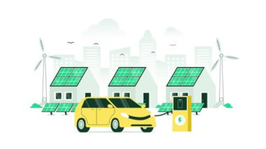 Yenilenebilir kaynaklardan temiz yeşil enerji kullanımı. Yel değirmenleri, güneş panelleri ve elektrikli araba şarj istasyonu olan modern bir eko evi. Minimalist renk ile hareketli grafik canlandırma.