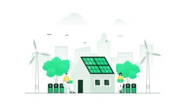 Bağımsız güç kaynağı olan bir ev. Güneş panelleri ve rüzgar türbinlerinden gelen yeşil ve yenilenebilir enerji. Minimalist renk ile hareketli grafik canlandırma.