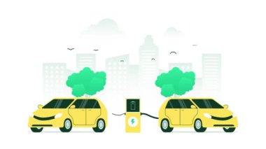 Elektrikli araç prizle şarj oluyor. Alternatif enerjiyle çalışan yeşil arabalar sıfır emisyon yayıyor. Minimalist renk ile hareketli grafik canlandırma.