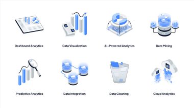 Data analytics isometric icon set. Containing Dashboard Analytics, Data Visualization, AI-Powered Analytics, Data Mining, Predictive Analytics, Data Integration, Data Cleaning and Cloud Analytics.   clipart