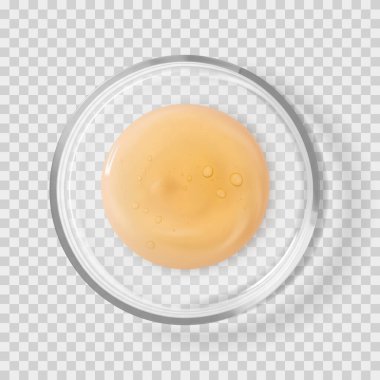 Centella serumlu cam petri kabı portakal damlası izole edilmiş gerçekçi vektör çizimi. Laboratuvar testlerini ve araştırmalarını kabul et