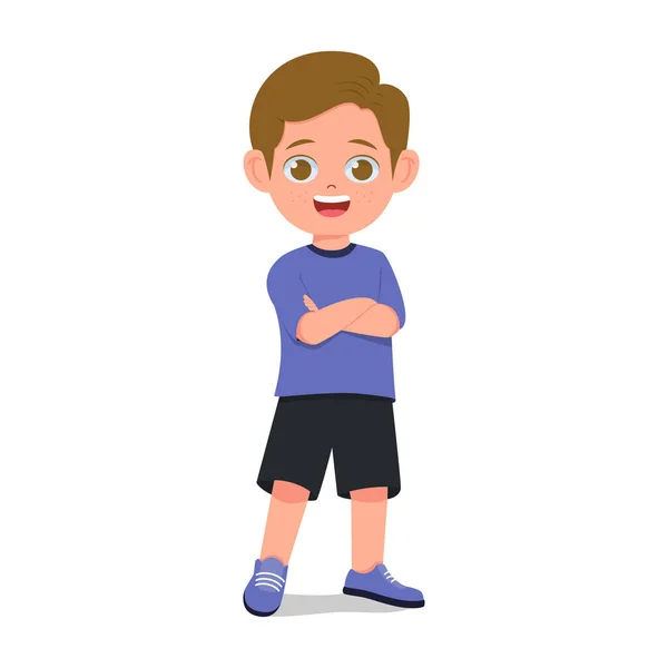 Cartoon Cute Boy Stands Confident Pose Arms Crossed His Chest — Stock Vector