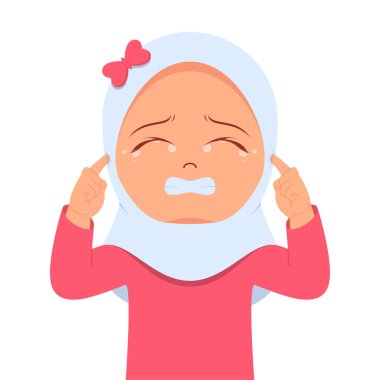 Tatlı kız gözyaşı dökerken kulaklarını kapatıyor.