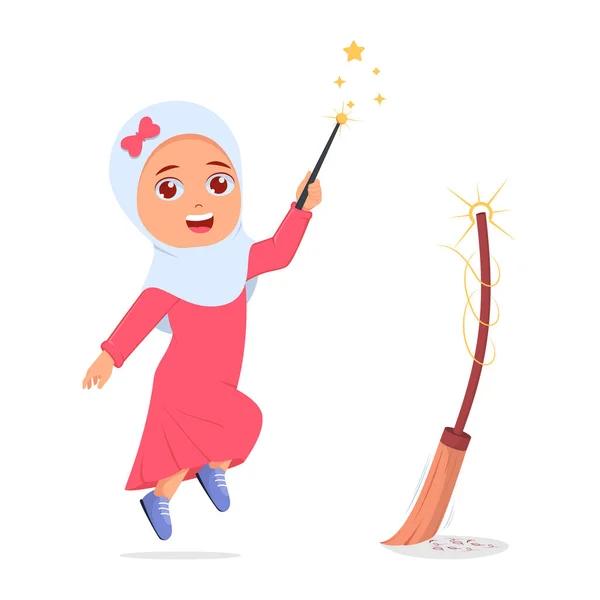 stock vector Cute girl playing magic wand with moving broom