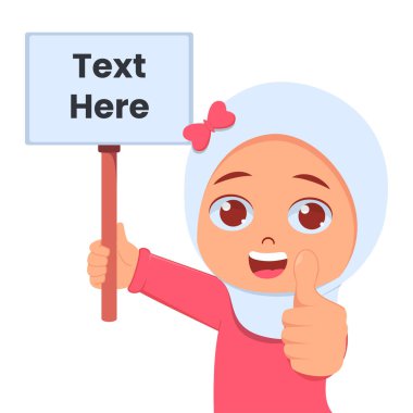 Sevimli kız boş afiş gösteriyor.