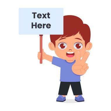 Elinde boş pankart tutan sevimli çocuk, iki parmağıyla huzuru gösteriyor.