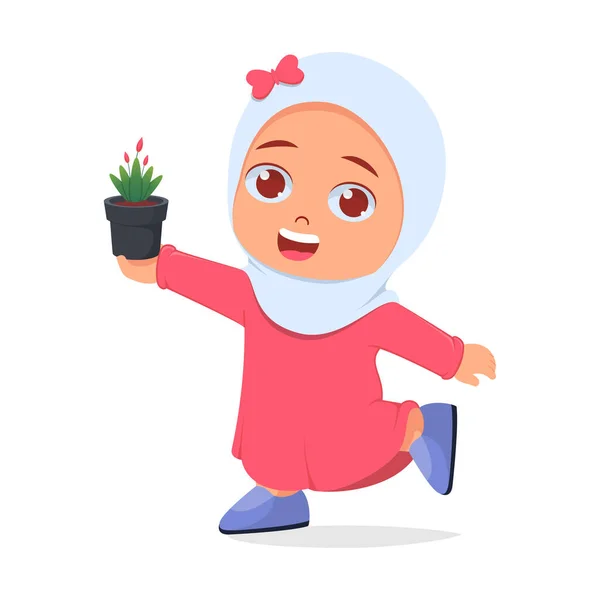Élégante Fille Mignonne Avec Pot Fleurs Dans Les Mains — Image vectorielle