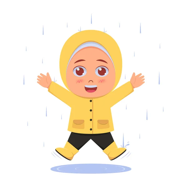 Gadis Manis Melompat Bahagia Bawah Hujan - Stok Vektor