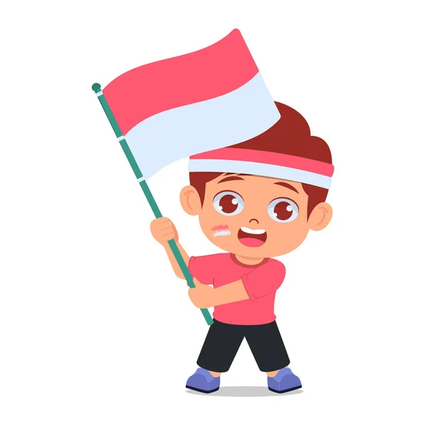 stock vector Cute boy holding Indonesian flag, Happy pose