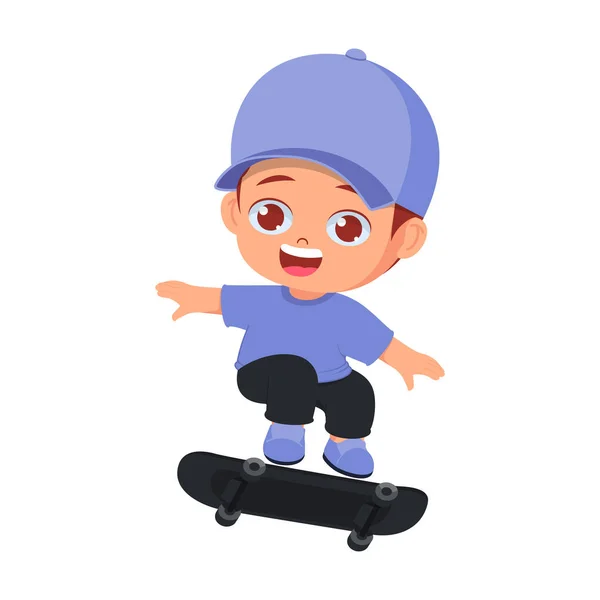 Cute Boy Playing Skateboard Happy Face — Stock Vector