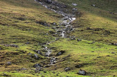 Nehir dağlardan yeşil çimlerin arasından akar..