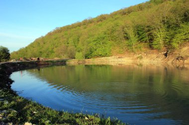 Guba bölgesi. Azerbaycan. 04.17.2016. Dağlardaki güzel küçük göl.