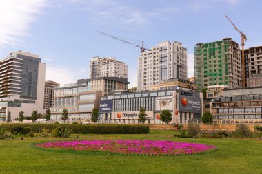 Bakü, Azerbaycan. 05.27.2021. Bailovo bölgesindeki bulvarda kırmızı çiçekler.
