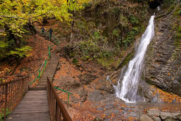 Sonbaharda çağlayan dağ şelalesi yedi güzel. Gabala bölgesi. Azerbaycan.