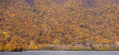 Garanohur Gölü. Gabala bölgesi. Azerbaycan. 10.31.2021. Dağda sarı ağaçları olan gölde bir ev..