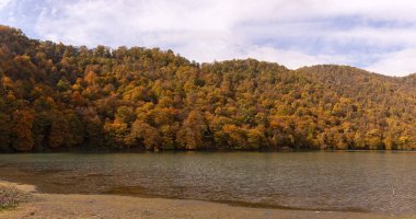 Dağda sonbahar ağaçları olan güzel bir göl. Nokhur Gölü. Gabala bölgesi. Azerbaycan.