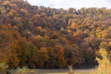 Dağda sonbahar ağaçları olan güzel bir göl. Nokhur Gölü. Gabala bölgesi. Azerbaycan.