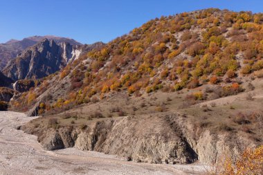 Nehrin yakınındaki dağlarda güzel bir sonbahar ormanı. Lahich. Ismailly 'de. Azerbaycan.
