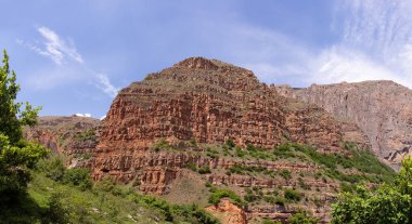 Yeşil ağaçlı güzel kırmızı dağ. Gubinsky bölgesi. Azerbaycan.
