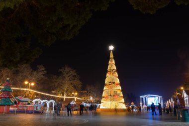 Bakü. Azerbaycan. 12.28.2021. Primorsky Bulvarı 'nda güzel büyük bir yeni yıl ağacı..