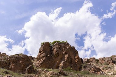 Yeşil ağaçlı güzel kırmızı dağ. Gubinsky bölgesi. Azerbaycan. Yazıt. Gryz Köyü.