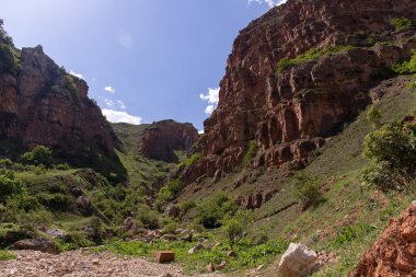 Beautiful green mountains against the blue sky. Gubinsky district. Azerbaijan.