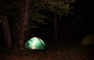 Geceleri ormanda parlayan yeşil çadır..