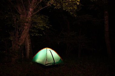 Geceleri ormanda parlayan yeşil çadır..