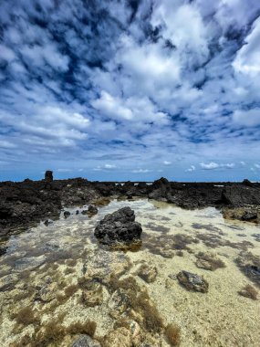 Volkanik kumdan oluşan güzel kayalık plaj. Yüksek kalite fotoğraf