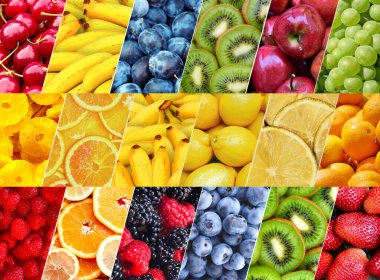Renkli meyvelerden oluşan bir kolaj. Duvar kağıdı için mükemmel.