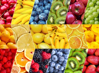 Renkli meyvelerden oluşan bir kolaj. Duvar kağıdı için mükemmel.