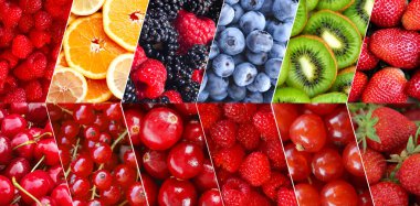 Renkli meyvelerden oluşan bir kolaj. Duvar kağıdı için mükemmel.