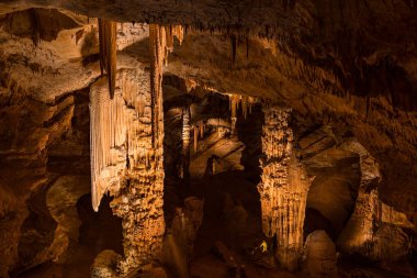 Geological formations of the Red Room of the Aven d'Orgnac cave