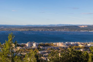Landscape on the Etang de Thau from the Foret des Pierres Blanches at the top of Mont Saint-Clair in Sete