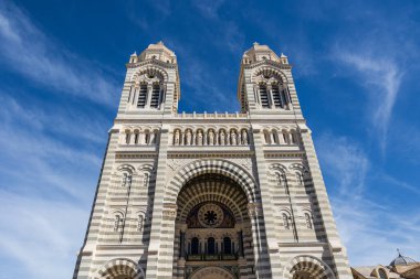 Neo-Byzantine facade of the Cathedral La Major of Marseille and its two bell towers