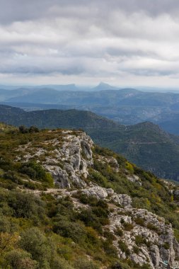 Threatening sky over the Pic Saint-Loup and the Hortus in Hrault from the top of Mont Saint-Baudille