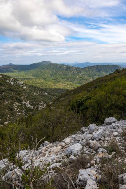 Silhouette of the Pic Saint-Loup and the Hortus from the slopes of Mont Saint-Baudille