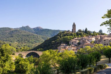 Sunny view of the medieval village of Olargues in the Haut-Languedoc Regional Nature Park