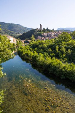 Sunny view of the medieval village of Olargues in the Haut-Languedoc Regional Nature Park
