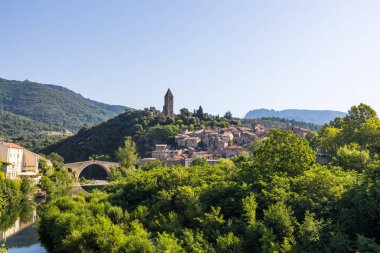 Sunny view of the medieval village of Olargues in the Haut-Languedoc Regional Nature Park