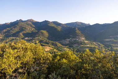 Sunrise view of the small villages and mountains around Olargues in the Haut-Languedoc Regional Nature Park