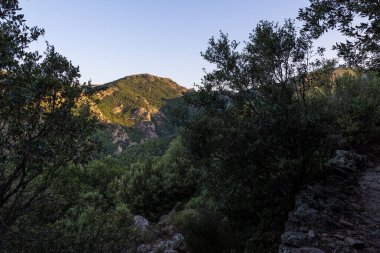 Sunrise landscape on the mountains around the Col de la Maure trail in Mons in the Haut-Languedoc Regional Natural Park