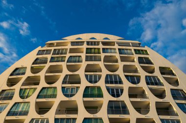 Low-angle view of the Le Poseidon building by architect Jean Balladur, in the Couchant district of La Grande-Motte