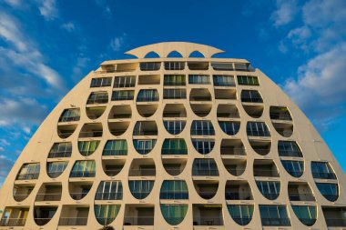 Low-angle view of the Le Poseidon building by architect Jean Balladur, in the Couchant district of La Grande-Motte