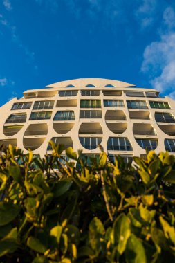 Low-angle view of the Le Poseidon building by architect Jean Balladur, in the Couchant district of La Grande-Motte