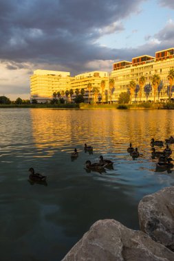 Montpellier 'deki Bassin Jacques Coeur çevresindeki konut binaları gün batımında aydınlandı
