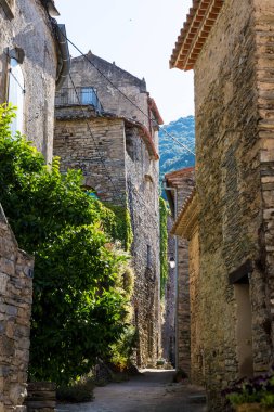 Haut-Languedoc Doğal Parkı 'ndaki Vieussan Ortaçağ köyünde sokak ve evler