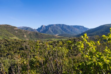 Küre Vadisi 'nin manzarası ve Vieussan köyünden Haut-Languedoc dağları.