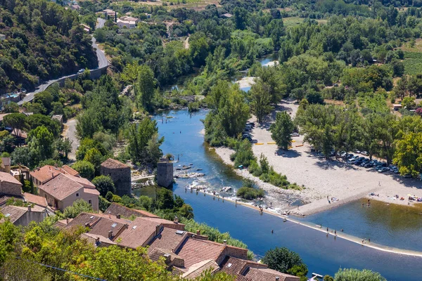 View on the medieval village of Roquebrun and the Orb River from the Mediterranean Garden